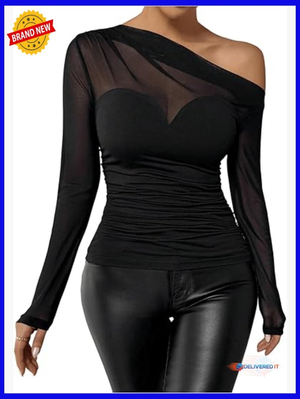 Off Shoulder Sheer Mesh Long Sleeve Top Asymmetrical Neck Ruched Fitted Tee